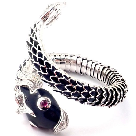 Authentic! Roberto Coin Nemo 18k White Gold Diamond Ruby Enamel Cuff Bracelet - Picture 6 of 12